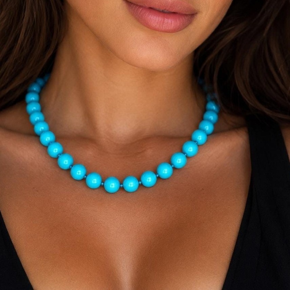 Vintage Turquoise Blue Stone Bead Necklace Hand Knotted 18" Heavy Round Beads